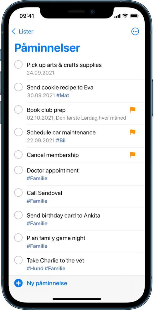 En Påminnelser-skjerm med en huskeliste. Ny påminnelse-knappen er nederst til venstre.