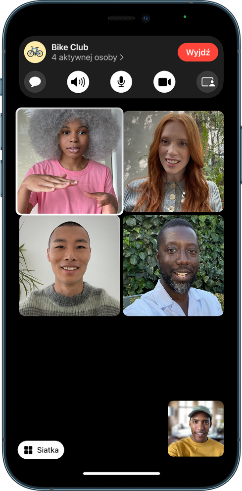 Połączenie FaceTime w grupie, wyświetlane w widoku siatki. Widoczne są jednakowej wielkości kafelki ze wszystkimi uczestnikami połączenia. Wyróżniony jest kafelek osoby mówiącej w danej chwili.