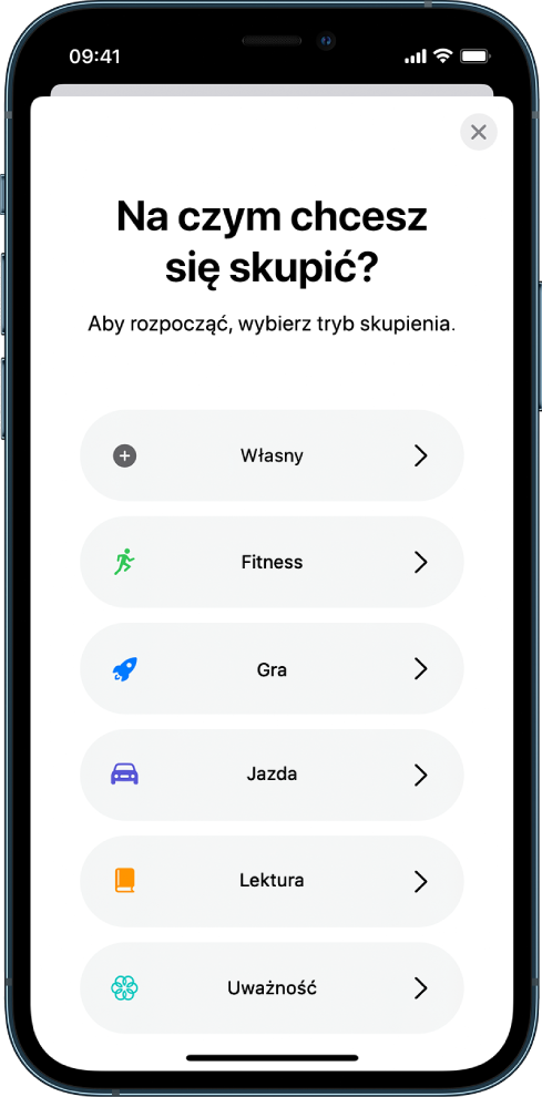 Ekran konfiguracji jednego z dodatkowych gotowych trybów skupienia, takich jak Własny, Jazda, Fitness, Gra, Uważność oraz Lektura.