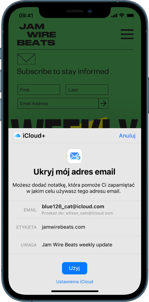 Dolną połowę ekranu zajmuje opcja Ukryj mój adres email (dostępna w pakiecie iCloud+). Wymienione są tam: wygenerowany losowo adres email, adres docelowy przekazywania, etykieta i notatka. Na dole ekranu znajduje się przycisk Użyj oraz łącze do ustawień iCloud.