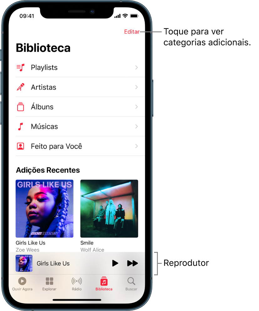 A tela Biblioteca mostrando uma lista de categorias incluindo Playlists, Artistas, Álbuns e Músicas. O cabeçalho Adições Recentes aparece abaixo da lista. O reprodutor mostra o título da música atual e os botões Reproduzir e Seguinte aparecem próximos à parte inferior.