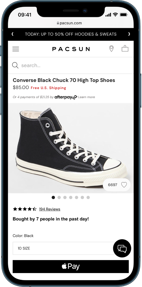 Página web de um produto com o botão Apple Pay na parte inferior direita.