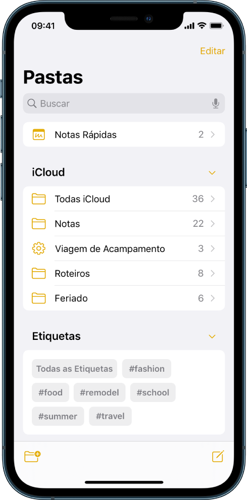 A lista de pastas com o campo de busca na parte superior e o Navegador de Etiquetas na parte inferior da tela.