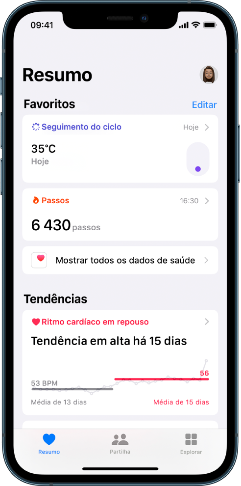 Um ecrã Resumo mostra Seguimento do ciclo e Passos, em Favoritos, e Ritmo cardíaco em repouso, em Tendências.