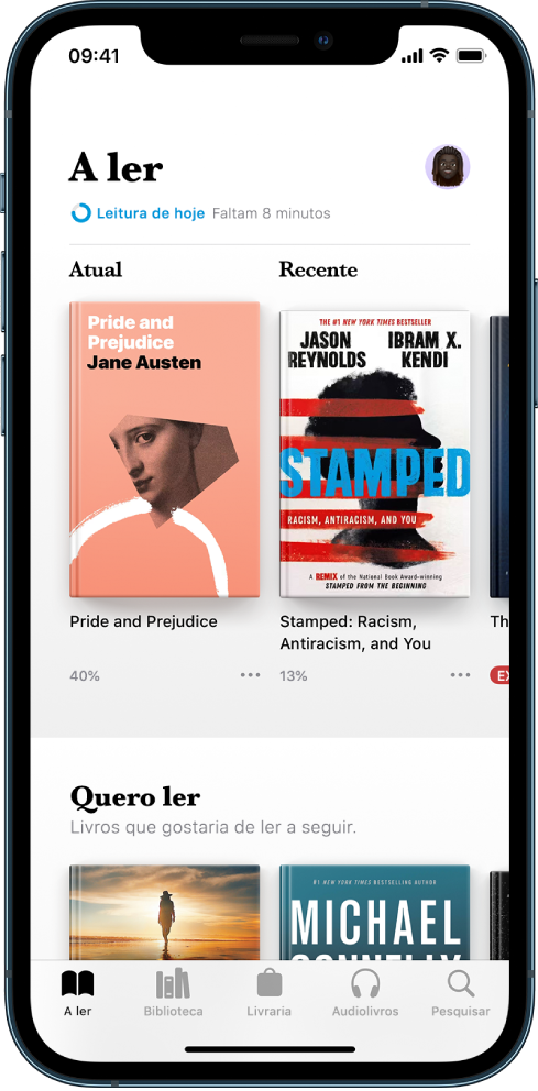 O ecrã “A ler” na aplicação Livros. Na parte inferior do ecrã encontram‑se os seguintes separadores, da esquerda para a direita: “A ler”, Biblioteca, Livraria, Audiolivros e Pesquisa.