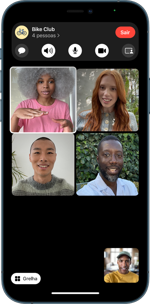 Uma chamada FaceTime de grupo com os participantes na disposição em grelha e a imagem de quem está a falar realçada.