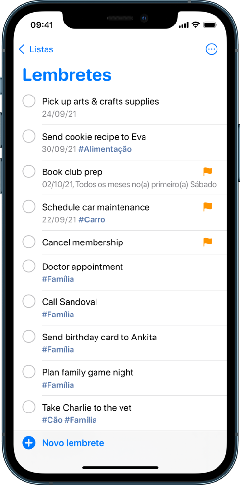 Ecrã de Lembretes com uma lista de afazeres. O botão “Novo lembrete” está no canto inferior esquerdo.