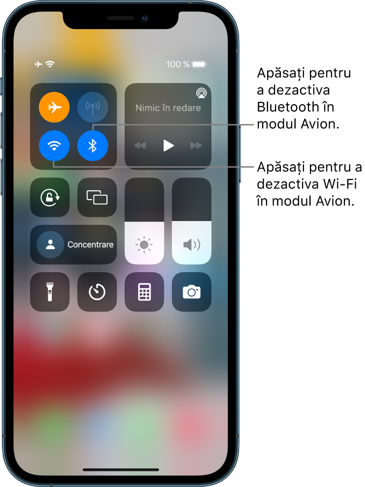 Centrul de control cu modul Avion activat. În grupul de comenzi din stânga sus se află butonul Wi-Fi (stânga jos) și butonul Bluetooth (dreapta jos).
