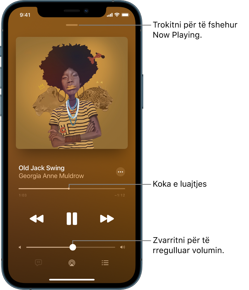 Ekrani Now Playing që tregon kopertinën e albumit. Poshtë ndodhen titulli i këngës, emri i artistit, butoni More, koka e luajtjes, komandat e luajtjes, rrëshqitësi i volumit, butoni Lyrics, butoni Playback Destination dhe butoni Queue. Butoni Hide Now Playing ndodhet në krye.