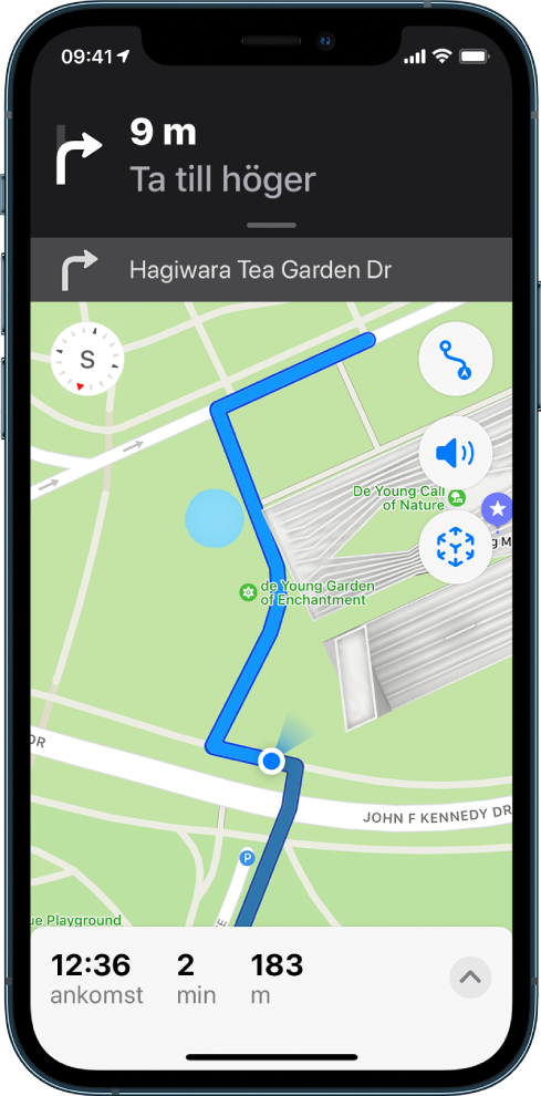 En karta med en promenadrutt och en banderoll överst som visar meddelandet ”10 meter ta av åt höger”.