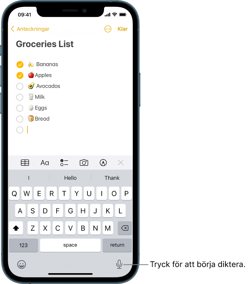 Tangentbordet på skärmen med dikteringstangenten (i det nedre högra hörnet) som du kan trycka på när du vill börja diktera.