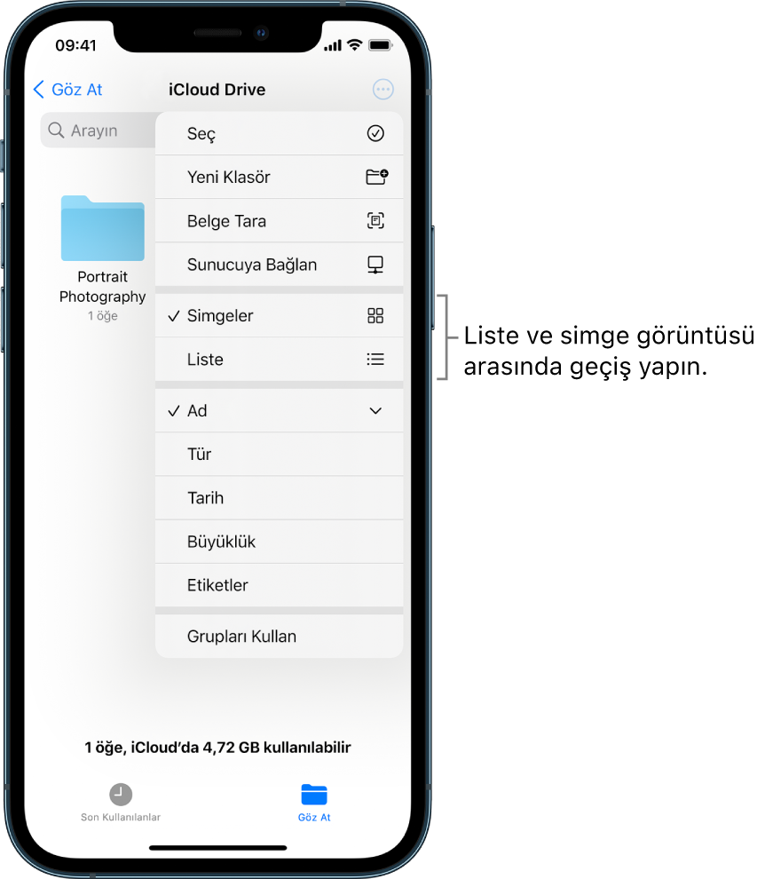 Fotoğrafçılık dosyaları için iCloud Drive konumu. Öğeler ada göre sıralanıyor ve öğeler arasında “Cottage Remodel” adında bir klasör ve altı belge var: Desert Stop, Karen Blue, Lakeside, Leafy Shadows, Mark Flip, and Susan Green. Sağ üstün yakınında liste ile simge görünümü arasında değiştirmek için bir düğme görünüyor.