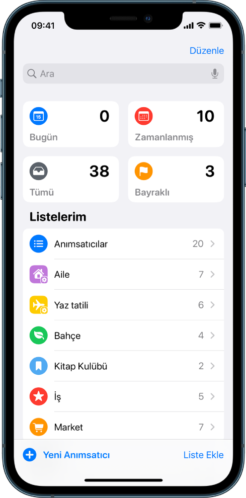 Anımsatıcılar’da birçok listenin gösterildiği bir ekran. Arama alanı; bugün tarihli anımsatıcılar, planlanmış anımsatıcılar, tüm anımsatıcılar ve bayraklı anımsatıcılar için olan akıllı listelerin yukarısında en üstte görünüyor. Liste ekle düğmesi sağ alttadır.