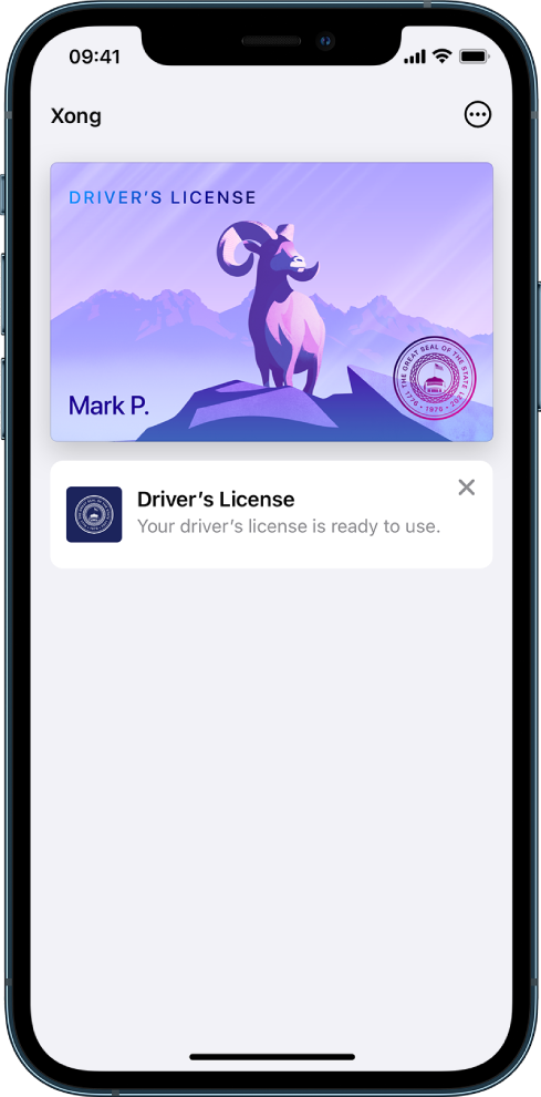 Một giấy phép lái xe trong Ví. Nút Xong ở trên cùng bên trái và nút Thêm ở trên cùng bên phải.