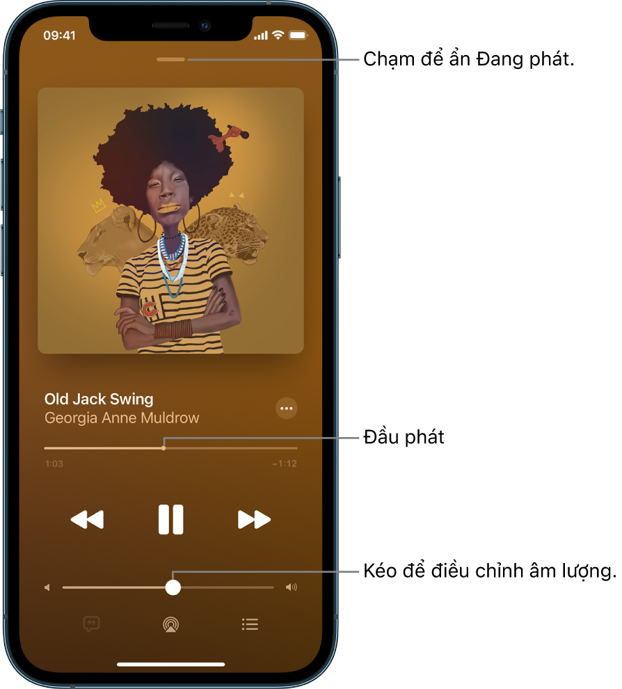 Màn hình Đang phát đang hiển thị bìa album. Bên dưới là tiêu đề bài hát, tên nghệ sĩ, nút Thêm, đầu phát, các điều khiển phát, thanh trượt âm lượng, nút Lời bài hát, nút Đích phát lại và nút Hàng đợi. Nút Ẩn Đang phát ở trên cùng.