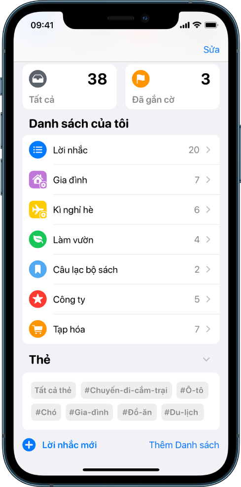 Một màn hình đang hiển thị một số danh sách trong Lời nhắc. Nút Trình duyệt thẻ ở dưới cùng.