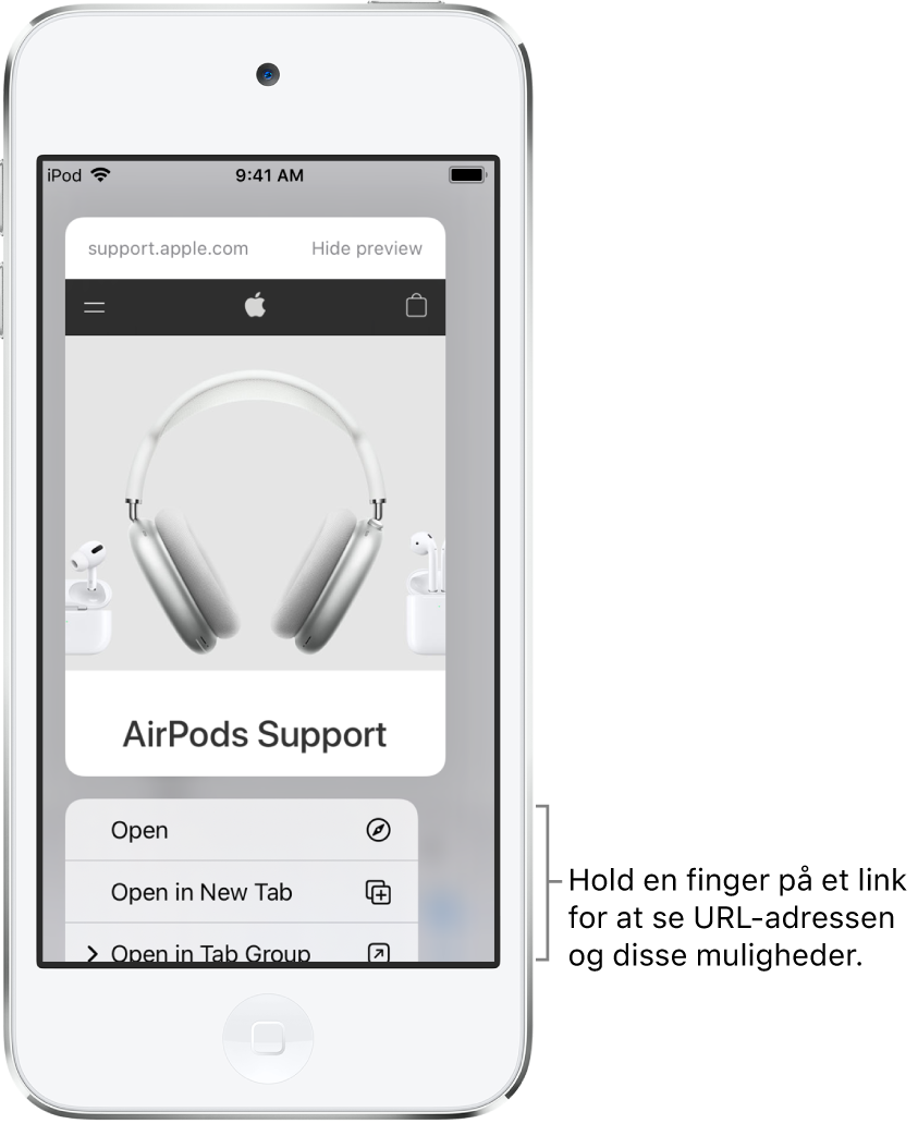 Et eksempel på URL-modtageradressen efterfulgt af en liste med mulige handlinger: Åbn, Åbn i ny fane og Åbn i fanegruppe.