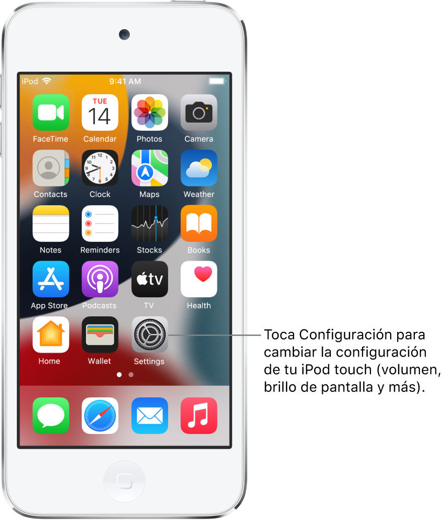 Pantalla de inicio con varios íconos de apps, incluyendo el ícono de la app Configuración, que puedes tocar para modificar el nivel del volumen del iPod touch, el brillo de la pantalla y más.