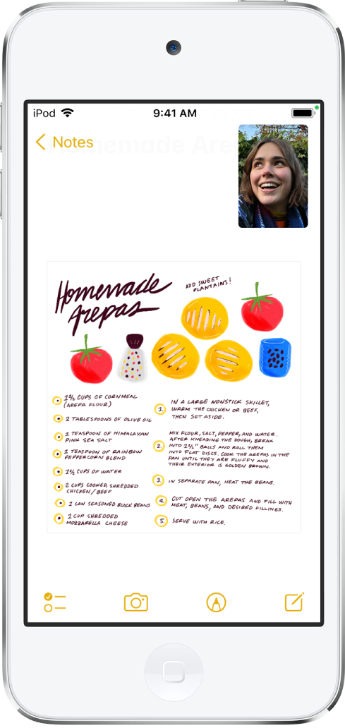 Pantalla con una conversación de FaceTime mientras la app Notas ocupa el resto de la pantalla.