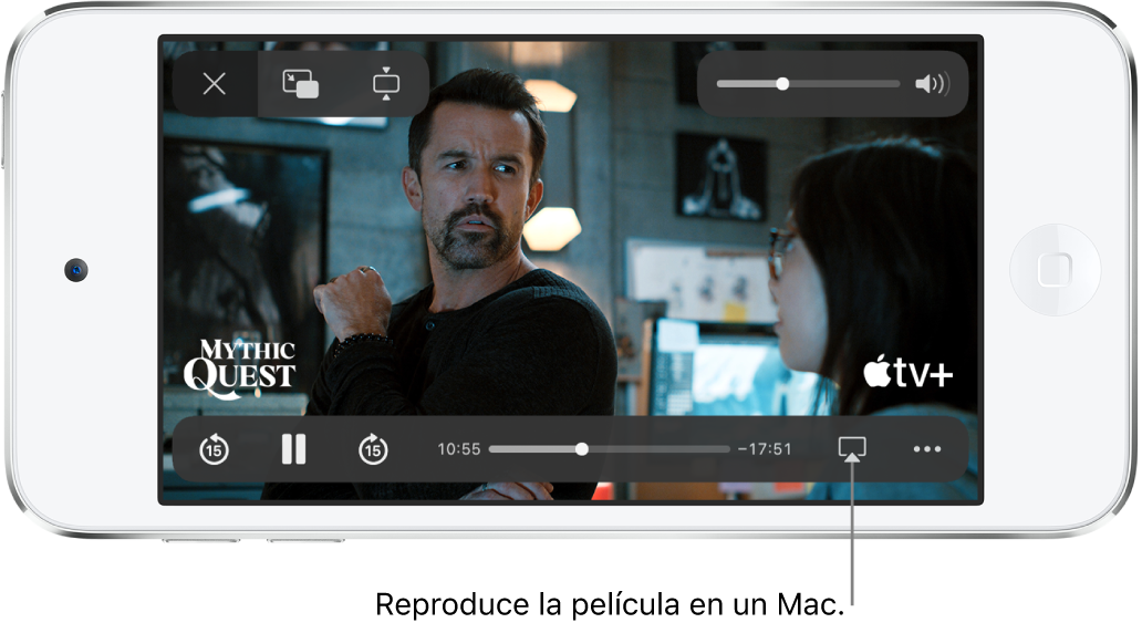 Una película en reproducción en la pantalla del iPod touch. En la parte inferior de la pantalla se encuentran los controles de reproducción, incluido el botón AirPlay cerca de la parte inferior derecha.