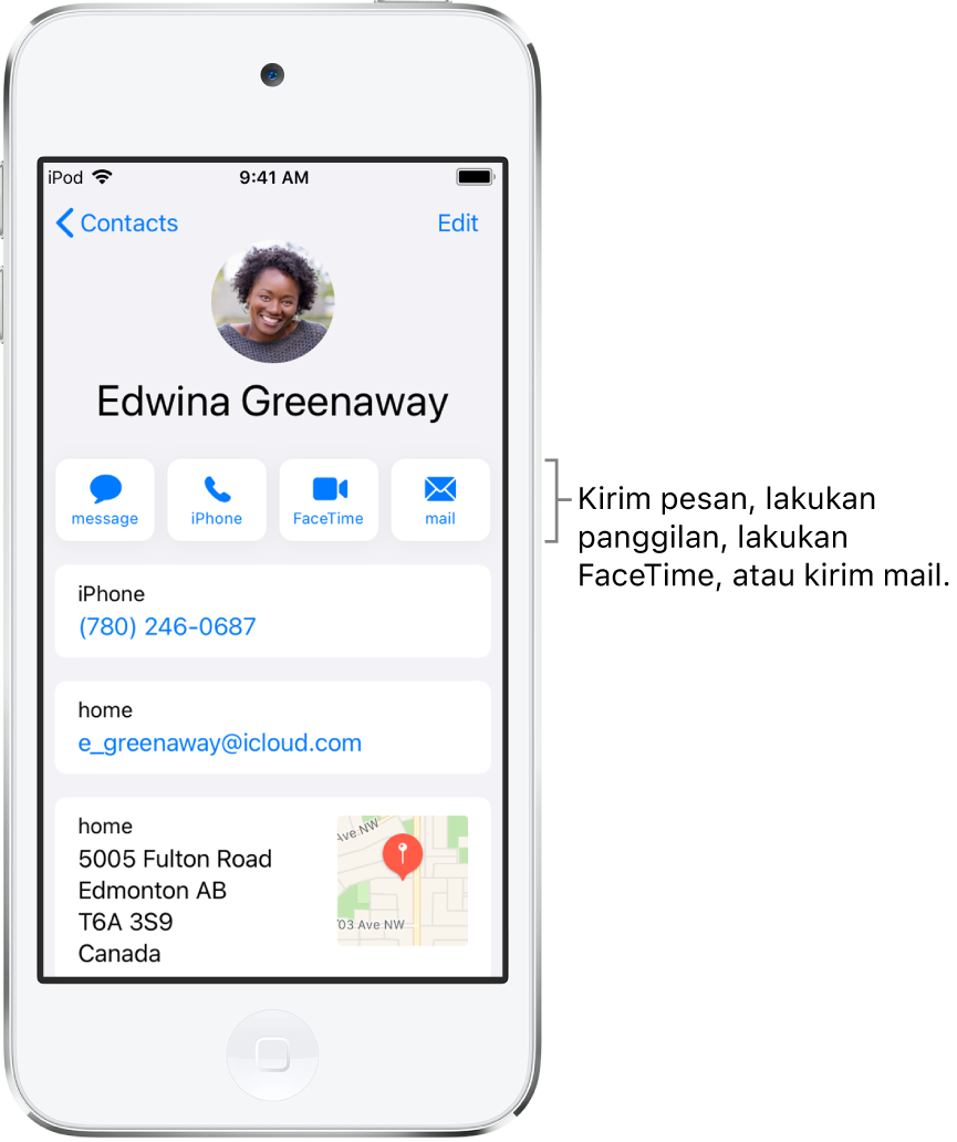 Layar info untuk kontak. Di bagian atas adalah nama dan foto kontak. Di bawahnya adalah tombol-tombol untuk mengirimkan pesan, melakukan panggilan telepon, melakukan panggilan FaceTime, dan mengirimkan pesan email. Di bawah tombol terdapat informasi kontak.