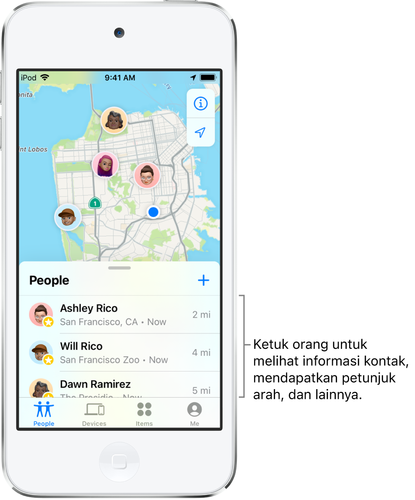 Layar Lacak dibuka ke daftar Orang. Terdapat tiga orang di daftar: Ashley Rico, Will Rico, dan Dawn Ramirez. Lokasi mereka ditampilkan di peta San Francisco.