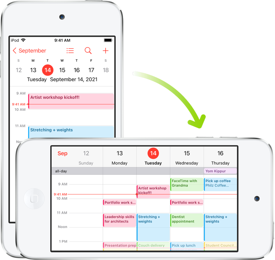 Sullo sfondo, iPod touch mostra una schermata di Calendario, con gli eventi di un giorno mostrati in orientamento verticale; in primo piano, iPod touch è ruotato in orientamento orizzontale e mostra gli eventi di Calendario per l'intera settimana contenente tale giorno.