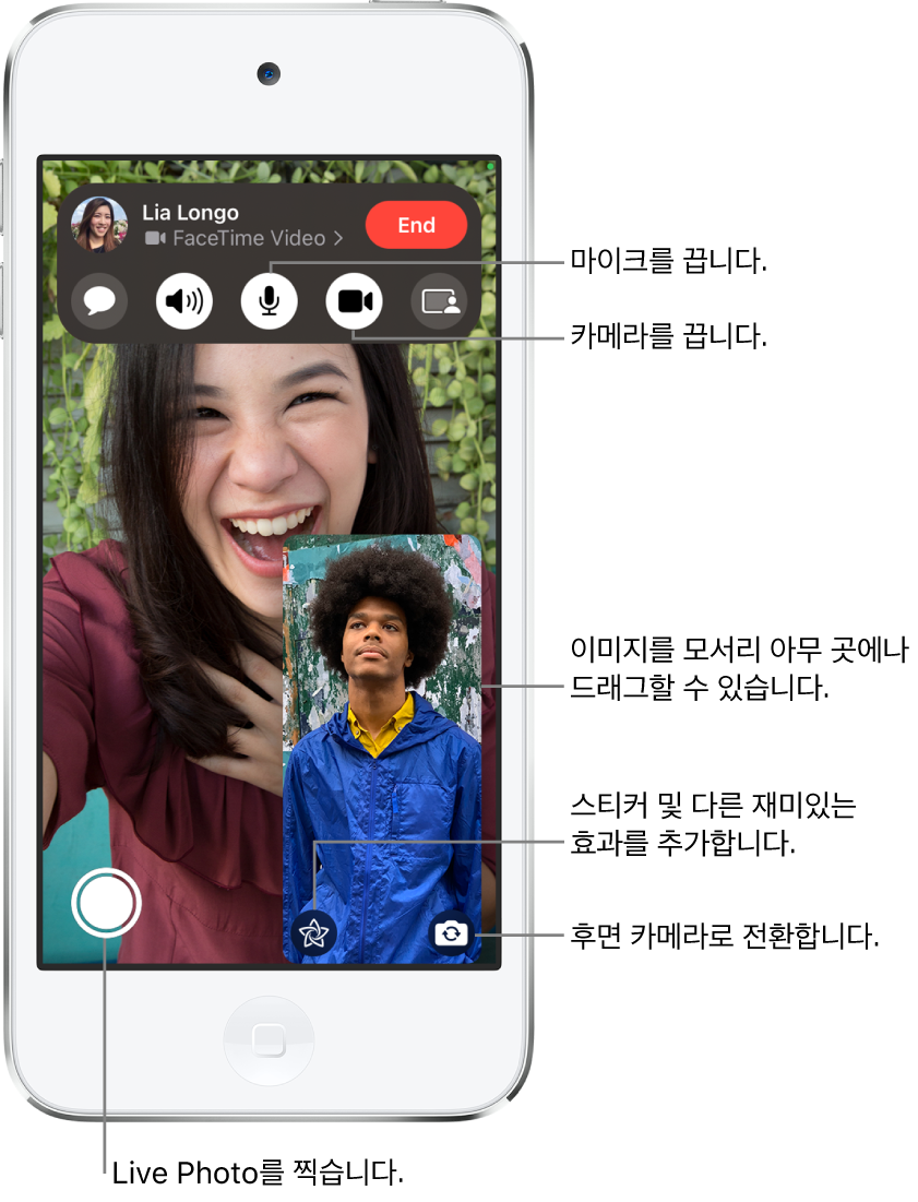 FaceTIme 통화 진행 중. 사용자의 이미지가 오른쪽 하단에 작은 타일로 표시되고 상대방의 이미지가 화면 전체를 채움. 화면 하단에는 Live Photo, 효과 및 후면 카메라로 전환 버튼이 있음. 화면 상단의 FaceTime 제어기에는 메시지 열기, 오디오, 소리 켬, 카메라 켬 및 콘텐츠 공유 버튼이 있음. 제어기 상단에는 통화하는 상대방의 이름 또는 Apple ID와 통화에서 나가기 버튼이 있음.