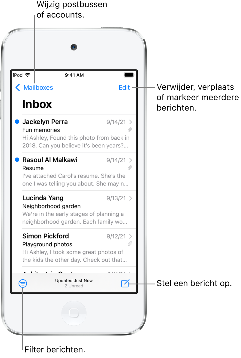 De postbus 'Inkomend' met een lijst met e-mails. Linksbovenin zie je de knop 'Postbussen' om naar een andere postbus over te schakelen. Rechtsbovenin staat de knop 'Wijzig', waarmee je e-mails kunt verwijderen, verplaatsen of markeren. Linksonderin staat de knop waarmee je e-mails kunt filteren, zodat alleen bepaalde e-mails worden weergegeven. Rechtsonderin staat de knop voor het opstellen van een nieuwe e-mail.
