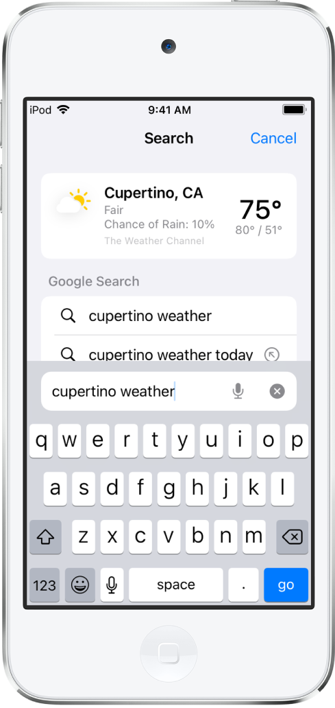 Onder in het scherm bevindt zich het Safari-zoekveld met daarin een zoekopdracht voor het weer in Cupertino. Boven in het scherm staat het resultaat van de Weer-app, met het huidige weer en de temperatuur voor Cupertino. Daaronder staan de Google-zoekresultaten. Rechts van elk resultaat staat een pijl als link naar de pagina met het specifieke zoekresultaat.