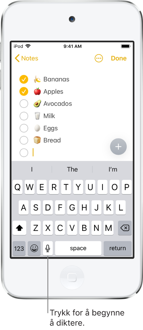 Skjermtastaturet som viser Dikter-tasten (til venstre for mellomromstasten), som du kan trykke på for å diktere tekst.