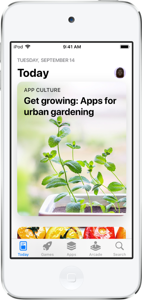 I dag-skjermen på App Store viser en aktuell sak og en app. Profilbildet ditt vises øverst til høyre. Nederst, fra venstre mot høyre, er fanene I dag,Spill, Apper, Arcade og Søk.