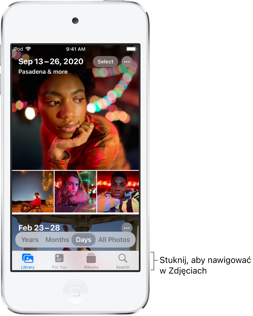 Biblioteka zdjęć w widoku dni. Ekran wypełniony jest miniaturkami zdjęć. W lewym górnym rogu ekranu widoczna jest data oraz miejsce wykonania zdjęć. W prawym górnym rogu znajdują się przyciski Wybierz oraz Więcej opcji. Poniżej miniaturek widoczne są opcje wyświetlania biblioteki zdjęć według lat, miesięcy i dni, a także wyświetlania wszystkich zdjęć. Na samym dole znajdują się przyciski Biblioteka, Dla Ciebie, Albumy oraz Szukaj.