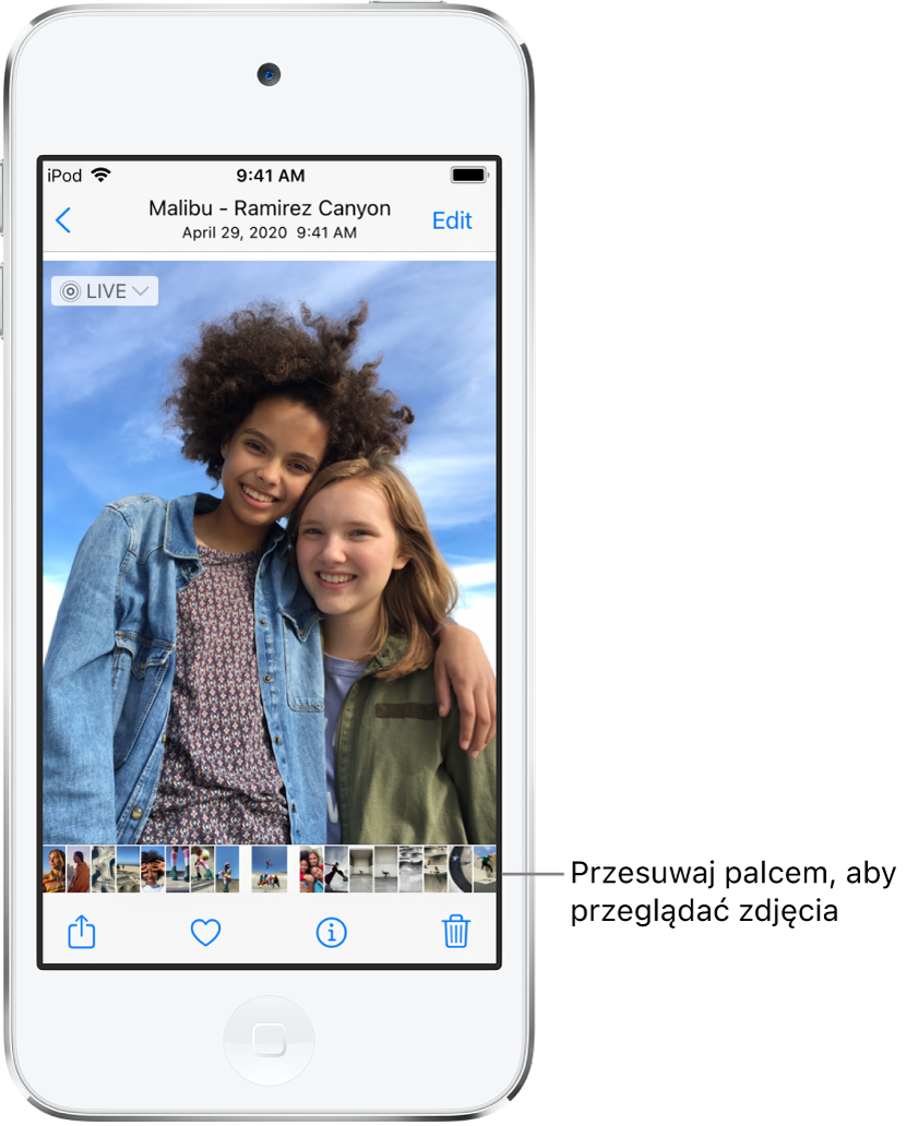 Wyświetlone zdjęcie; u dołu ekranu widoczne są miniaturki innych zdjęć. W lewym górnym rogu znajduje się przycisk powrotu, który pozwala wrócić do poprzedniego widoku. Na dole widoczne są przyciski udostępniania, oznaczania jako ulubione i usuwania. W prawym górnym rogu znajduje się przycisk edycji.
