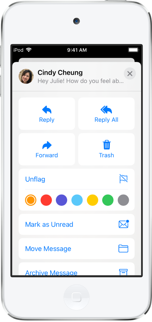 Wiadomość email; pod nią znajdują się opcje odpowiedzi. Pod tymi opcjami wyświetlane są dostępne kolory flag.