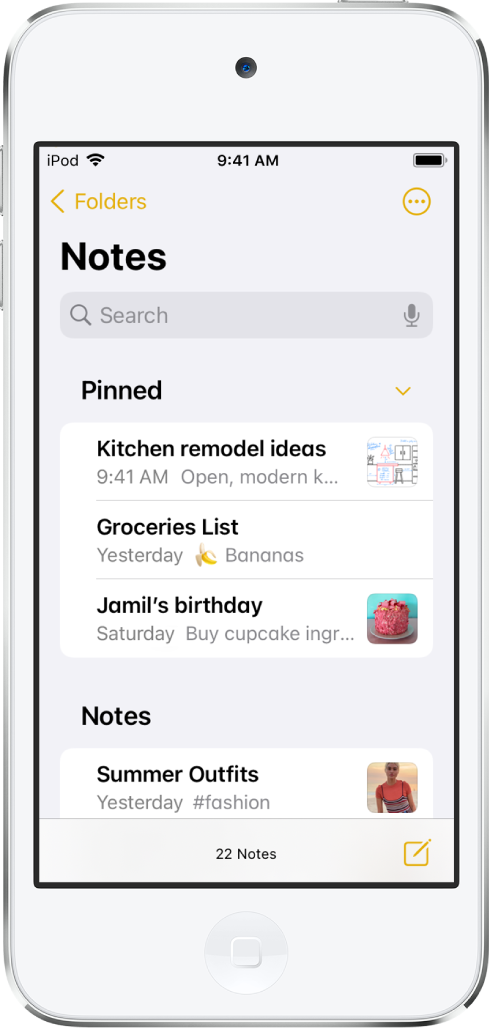 A lista de notas com o campo de busca no topo.