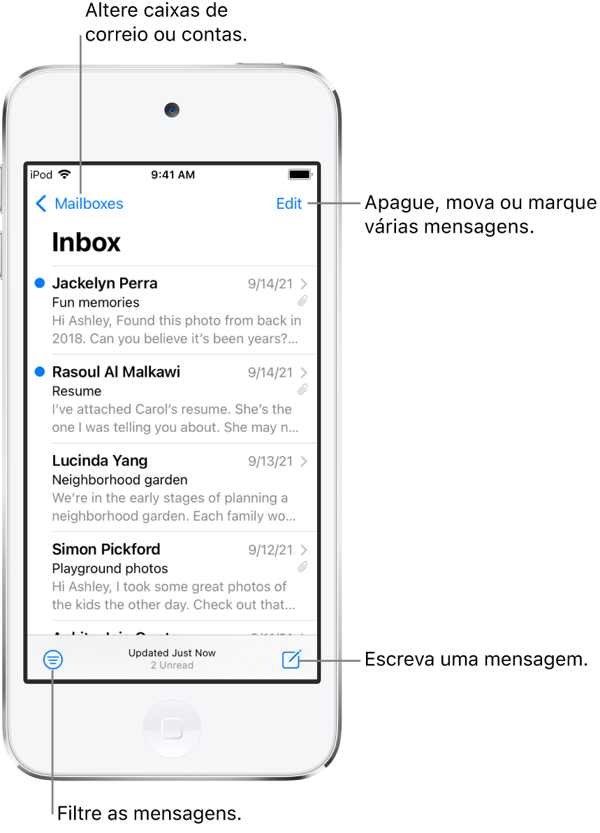Caixa de Entrada, mostrando uma lista de e‑mails. O botão Caixas, para alternar para uma outra caixa de correio, está no canto superior esquerdo. O botão Editar, para apagar, mover ou marcar e‑mails, está no canto superior direito. O botão para filtrar e‑mails, para que apenas certos tipos de e‑mails apareçam, está no canto inferior esquerdo. O botão para redigir um novo e‑mail está no canto inferior direito.