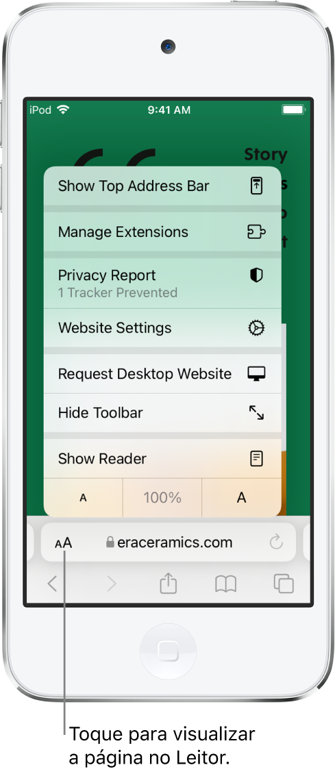 O menu Ajustes da Página. Na parte inferior do menu encontra-se a opção Mostrar Leitor.