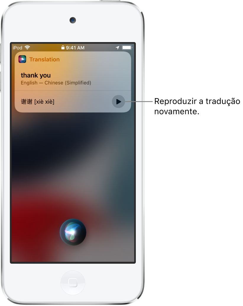 Siri apresenta uma tradução da frase em inglês “thank you” para mandarim. Um botão à direita da tradução reproduz o áudio da tradução.