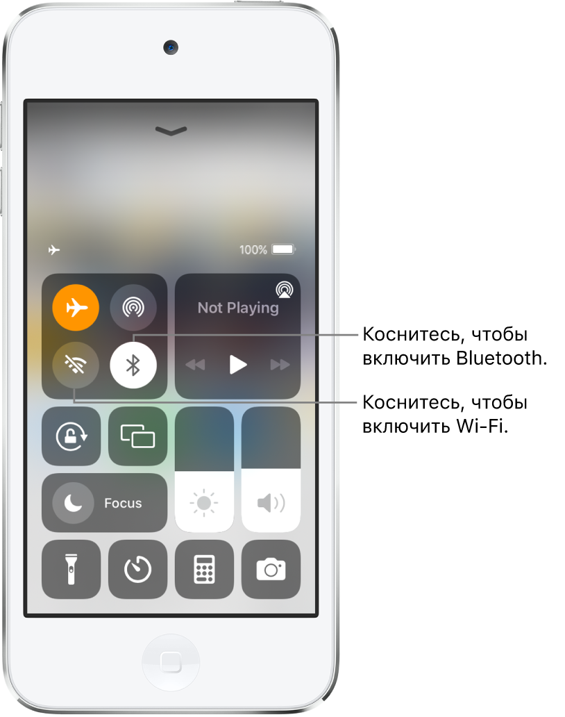 Пункт управления. Включен Авиарежим. Кнопки включения Wi-Fi и Bluetooth находятся у левого верхнего угла Пункта управления.