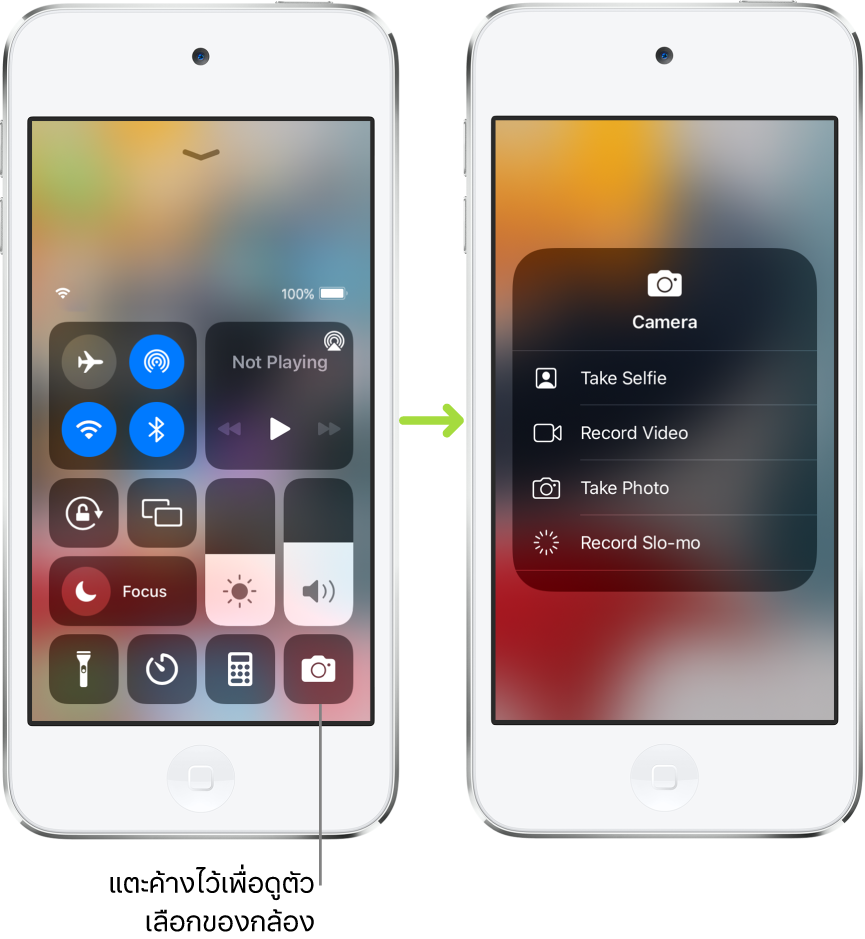 หน้าจอศูนย์ควบคุมสองหน้าจออยู่ข้างกัน หน้าจอด้านซ้ายแสดงตัวควบคุมสำหรับโหมดเครื่องบิน, ข้อมูลเซลลูลาร์, Wi-Fi และบลูทูธในกลุ่มซ้ายบนสุด ไอคอนกล้องแสดงอยู่ด้านขวาล่างสุด หน้าจอด้านขวาแสดงตัวเลือกเพิ่มเติมในเมนูการทำงานด่วนสำหรับแอปกล้อง: ถ่ายเซลฟี่ บันทึกวิดีโอ ถ่ายรูป และบันทึกสโลว์โมชั่น