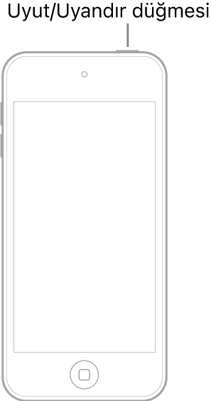 Ekranı yukarı bakan bir iPod touch resmi. Uyut/Uyandır düğmesi iPod touch’ın en üstünde gösteriliyor.