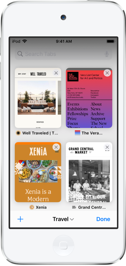 開啟的分頁之預覽在螢幕上顯示。螢幕底部的列由左至右分別為:「新增分頁」按鈕、「分頁群組」標題,表示有更多「分頁群組」的向下箭嘴,以及標記為「完成」的按鈕。