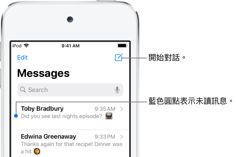 「訊息」列表,「編輯」按鈕位於左上方,而「編寫」按鈕則在右上方。訊息左側的藍色圓點表示未讀。