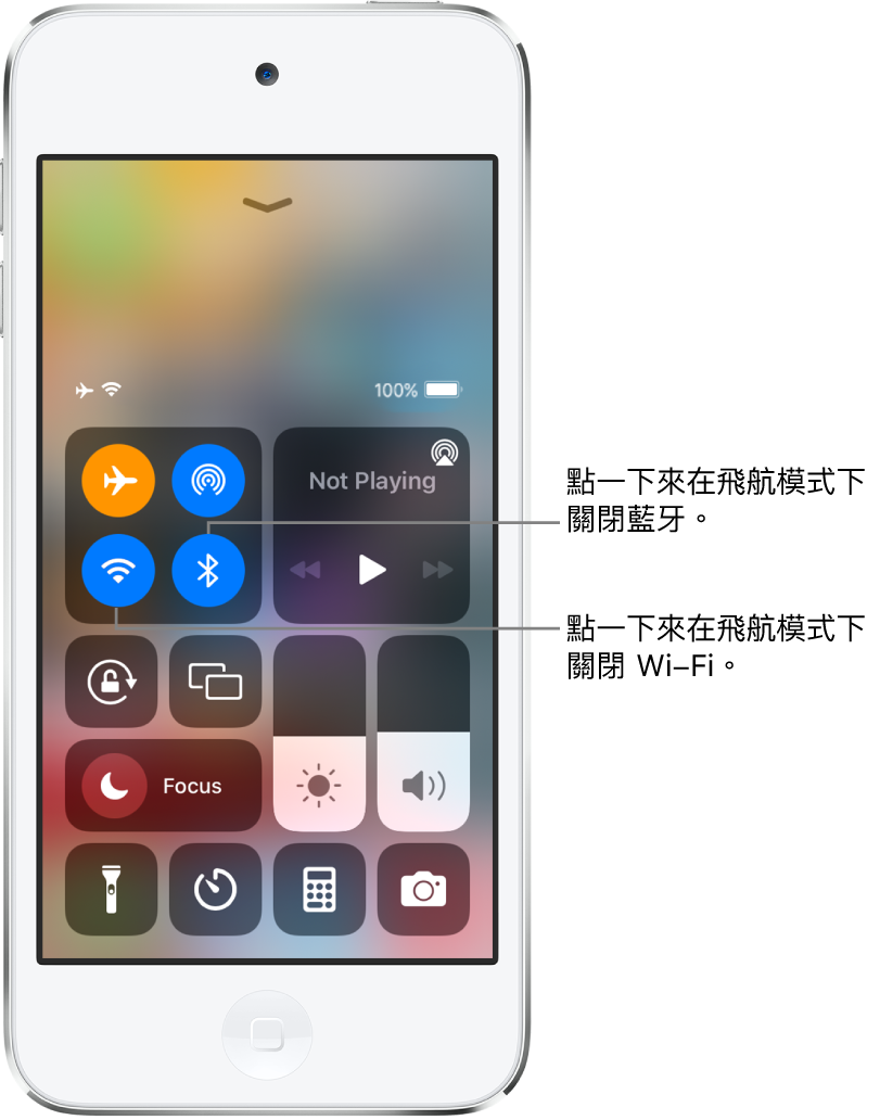 開啟飛航模式的「控制中心」。在左上角的控制項目群組中,是 Wi-Fi 按鈕(左下角)和藍牙按鈕(右下角)。