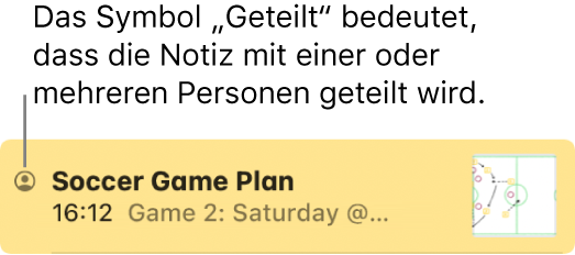 Eine Notiz, die mit anderen Personen geteilt wurde, mit dem Freigabe-Symbol links neben dem Namen der Notiz.