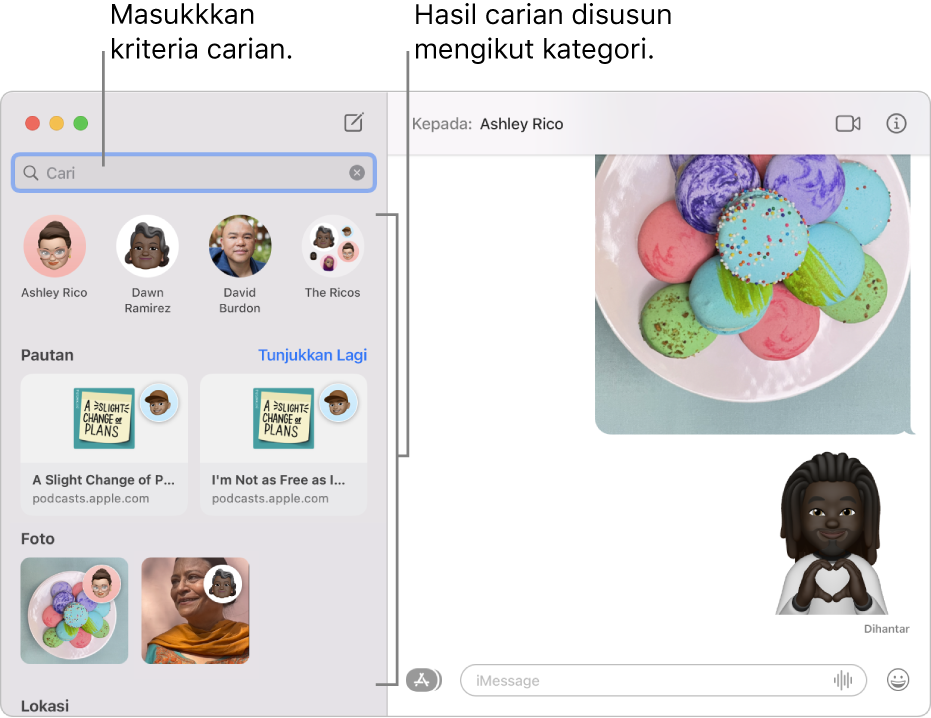 Tetingkap Mesej dengan kriteria carian yang dimasukkan dalam medan carian di bahagian kiri atas. Hasil carian disusun di bawahnya mengikut kategori seperti Perbualan, Pautan dan Foto.