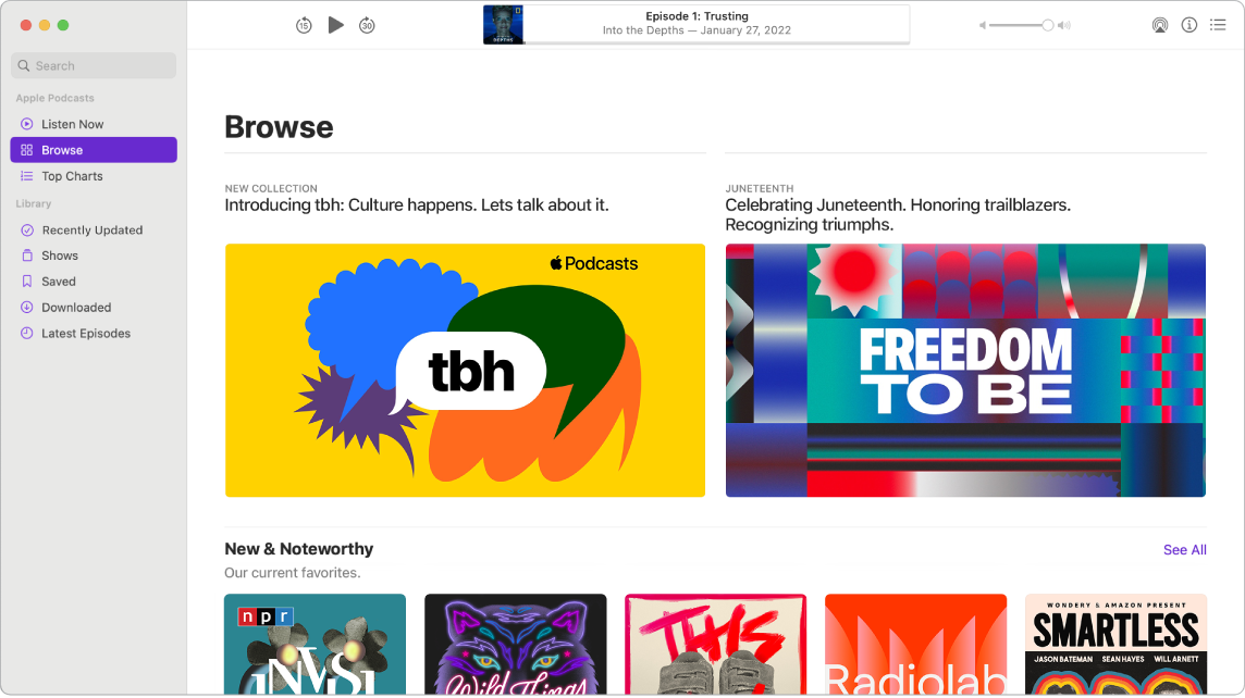 Okno aplikacji Podcasty. Po lewej stronie widoczna jest kolumna z polem wyszukiwania znajdującym się u góry oraz opcjami wyświetlania znajdującymi się poniżej. Zaznaczona jest pozycja Przeglądaj. Po prawej stronie widoczne są podcasty.