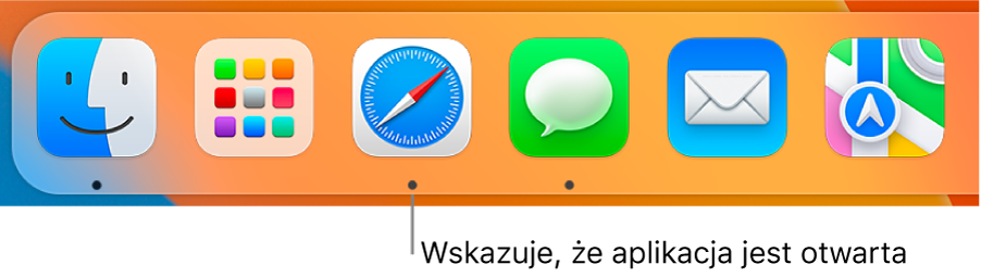 Fragment Docka z czarnymi kropkami pod ikonami otwartych aplikacji.