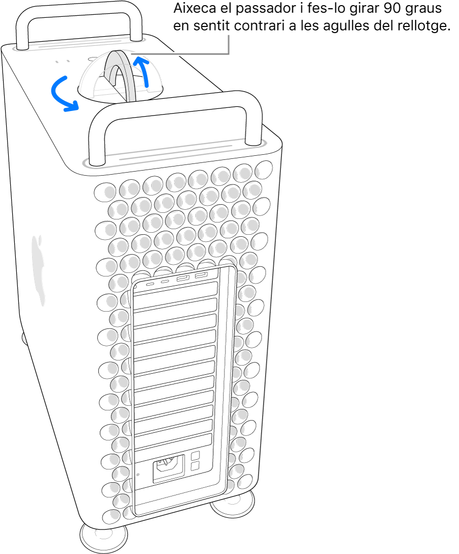Per treure la carcassa de l’ordinador, primer cal aixecar el passador i fer-lo girar 90 graus.